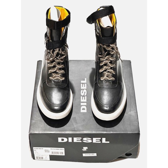 Diesel Other - Diesel H-Cage High St Leather Motorcycle Boots Black/Yellow High Top Strap Sz 11